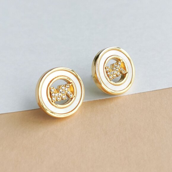 Michael Kors Crystal Pave Logo Disc Stud Earrings MKJ7764 Gold - Picture 2 of 3